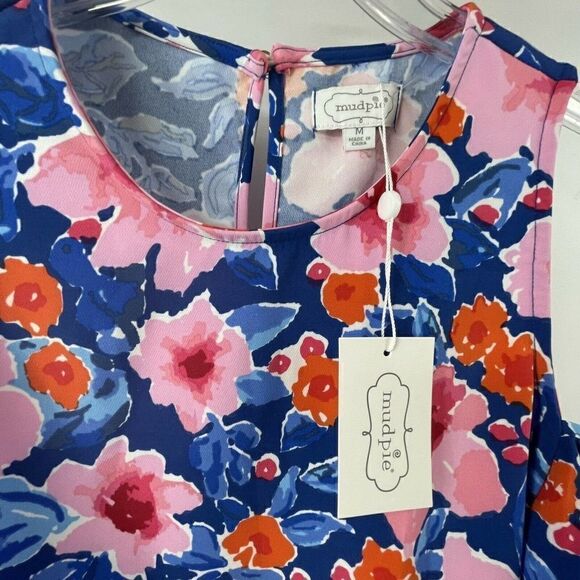Mud Pie Dress Womens Size M Blue & Pink Floral Cold Shoulder Ruffle Knee Length - Picture 4 of 7